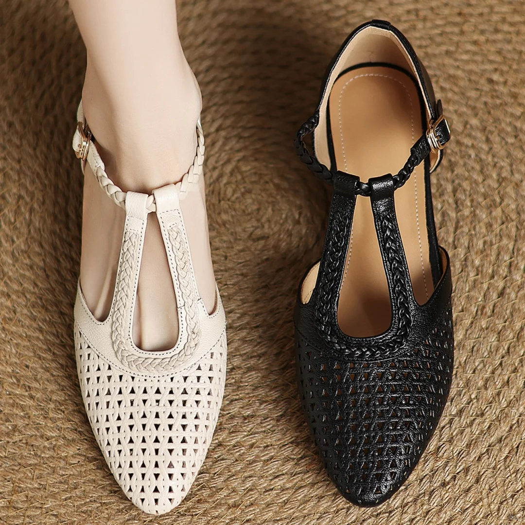 Elegant Hollow-out Sheepskin Narrow Band T-strap Flats Sandals - Image 16