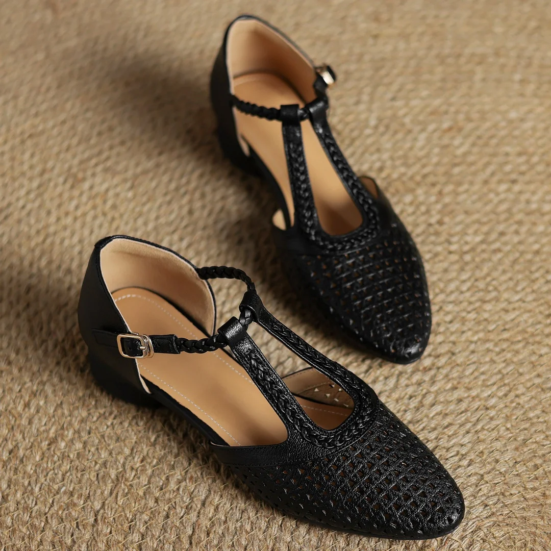 Elegant Hollow-out Sheepskin Narrow Band T-strap Flats Sandals - Image 13