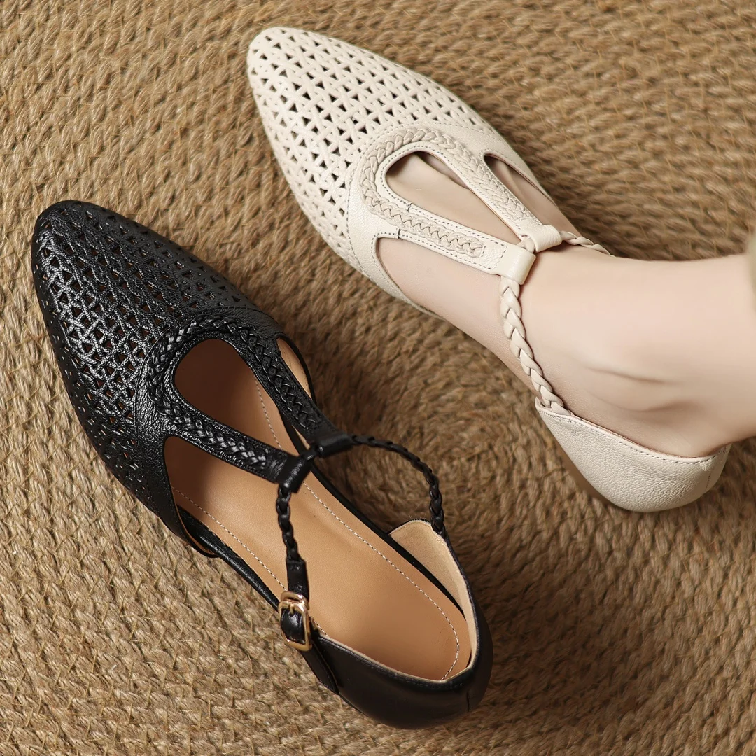 Elegant Hollow-out Sheepskin Narrow Band T-strap Flats Sandals - Image 20