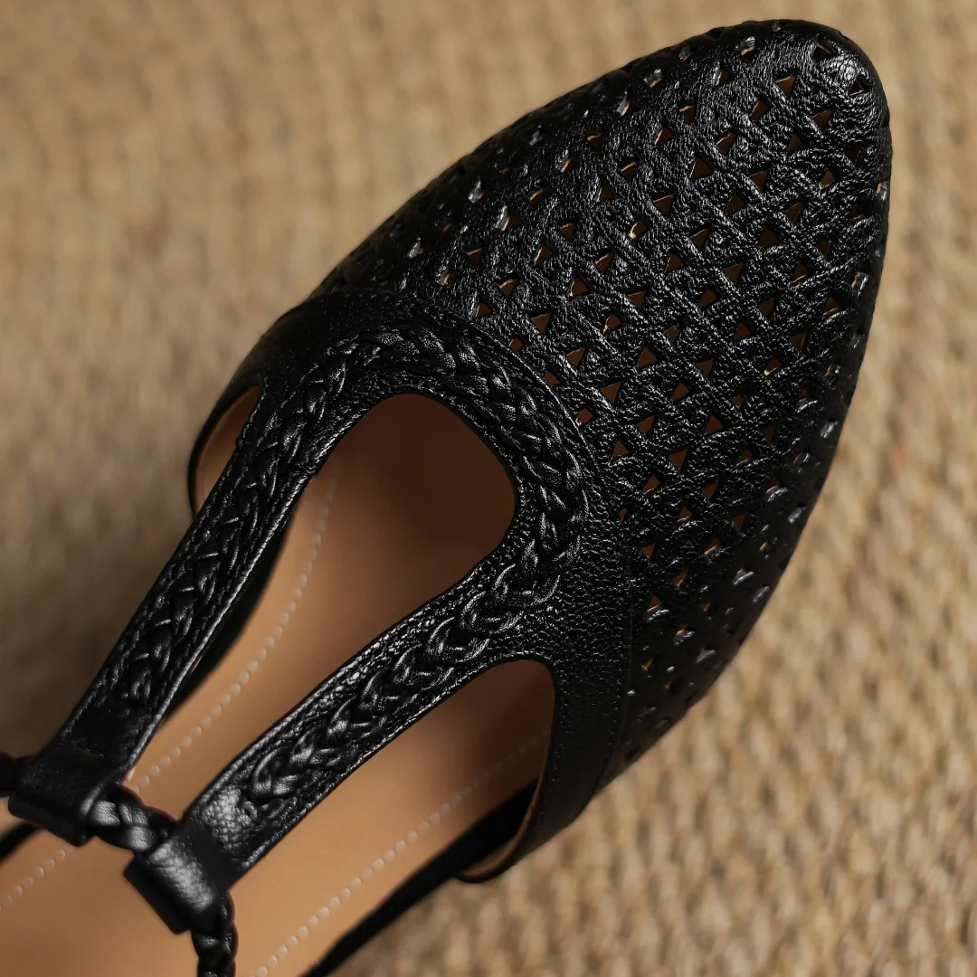 Elegant Hollow-out Sheepskin Narrow Band T-strap Flats Sandals - Image 15