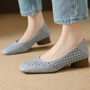 Elegant Hollow-out Sheepskin Patchwork Slip-on Breathable Thick Low Heel Pumps