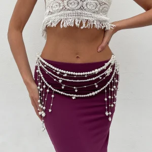 Elegant Imitation Pearl Long Tassel Waist Beads Decoration Chain Dress Belly Belt