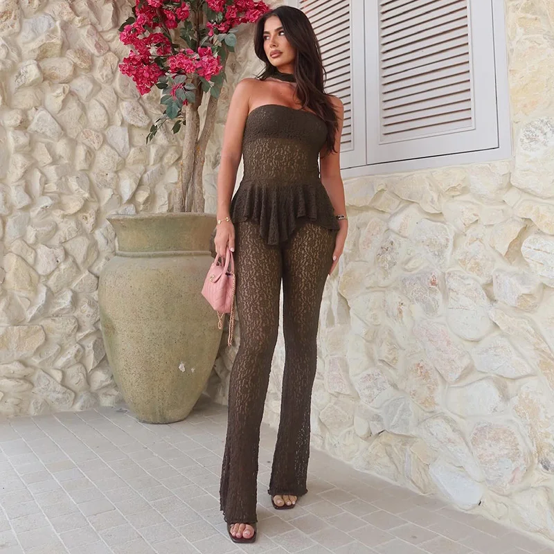 Elegant Lace Halter Strapless Crop Top And Trouser Matching Sets