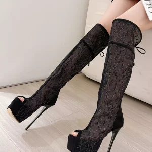 Elegant Lace Platform Peep Toe High Heel Thigh High Over The Knee Boots
