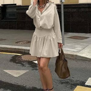Elegant Long Sleeve Button Shirts High Waist Pleated Mini Skirts Sets