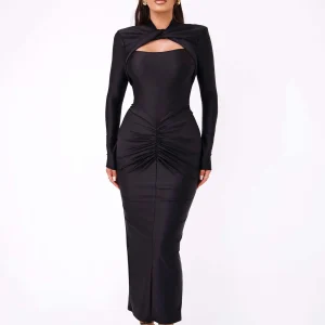 Elegant Long Sleeved Elastic Tight Bodycon Pleated Party Club Evening Dress