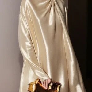 Elegant Long Sleeves High Neck Solid Color Pleated Shiny Party Mini Dress