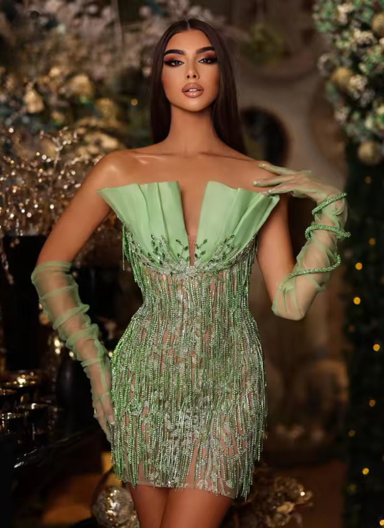 Elegant Luxury Vestidos With Gloves Strapless Mesh Beading Mini Dresses