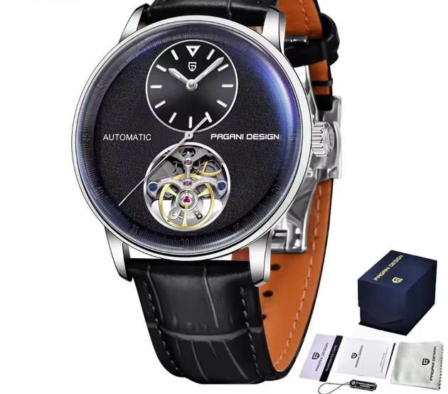 Elegant Mechanical Watch Automatic Movement Tourbillon Stainless Steel Waterproof PU Leather Strap Watch