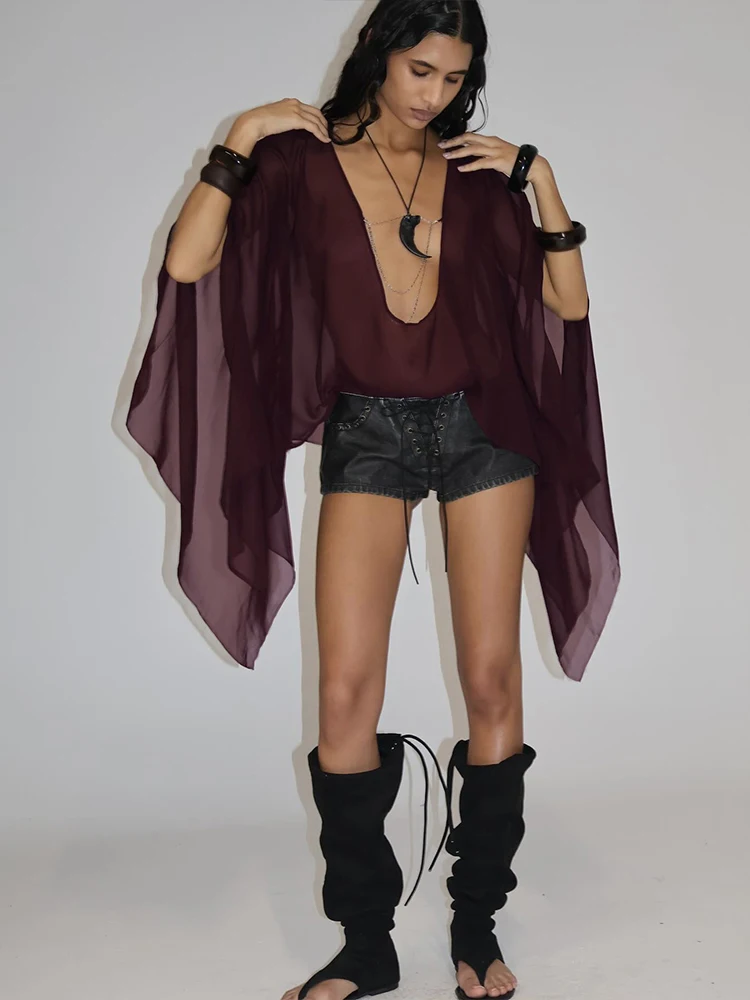 Elegant Mesh See Through Deep V-Neck Full Sleeve Irregular Ruffles Tassel Top - Image 7