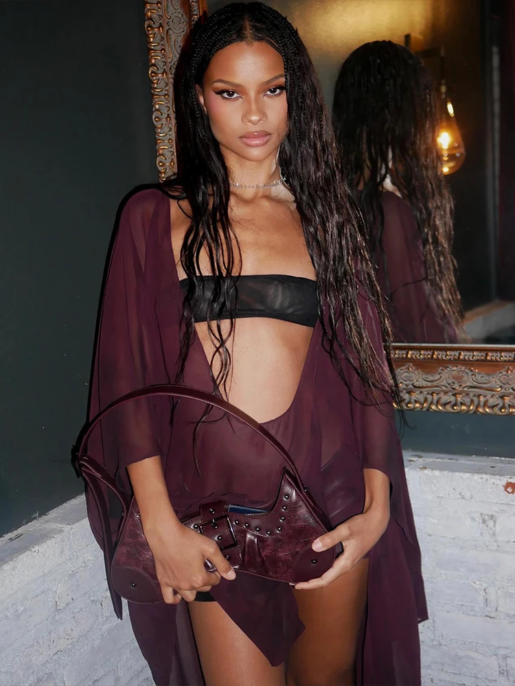 Elegant Mesh See Through Deep V-Neck Full Sleeve Irregular Ruffles Tassel Top - Image 4