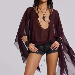 Elegant Mesh See Through Deep V-Neck Full Sleeve Irregular Ruffles Tassel Top