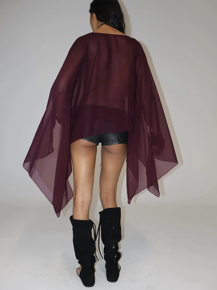 Elegant Mesh See Through Deep V-Neck Full Sleeve Irregular Ruffles Tassel Top - Image 9