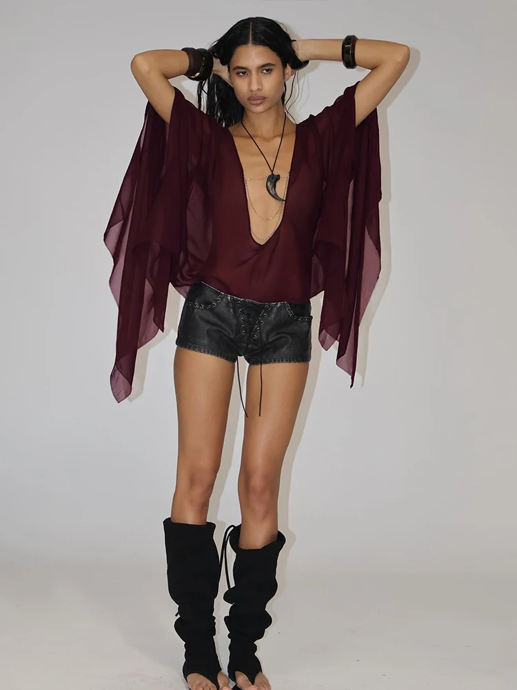 Elegant Mesh See Through Deep V-Neck Full Sleeve Irregular Ruffles Tassel Top - Image 6