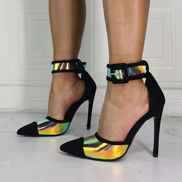 Elegant Multi lights Reflecting PVC Patchwork Ankle Strap Thin High Heel - Image 3
