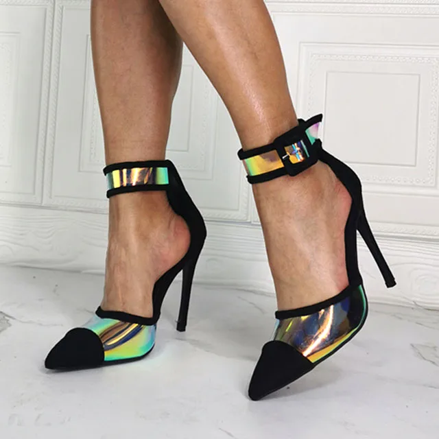Elegant Multi lights Reflecting PVC Patchwork Ankle Strap Thin High Heel - Image 2