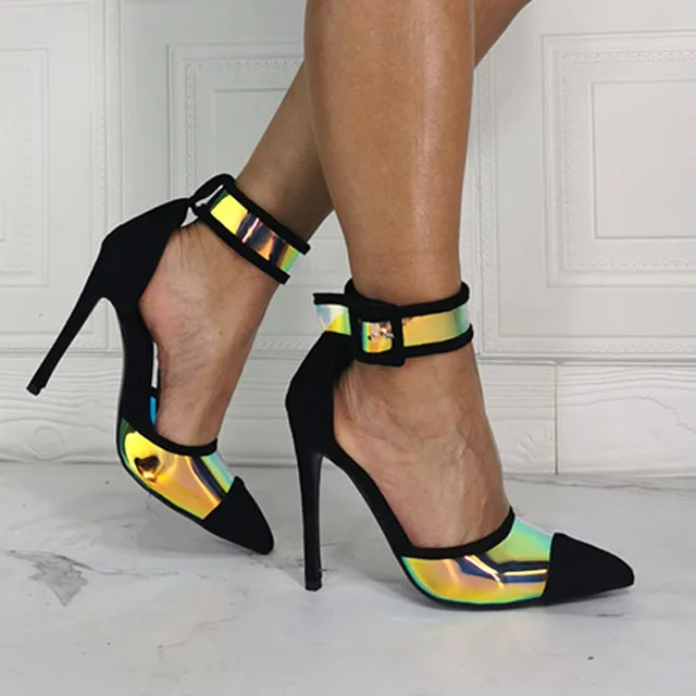 Elegant Multi lights Reflecting PVC Patchwork Ankle Strap Thin High Heel - Image 4