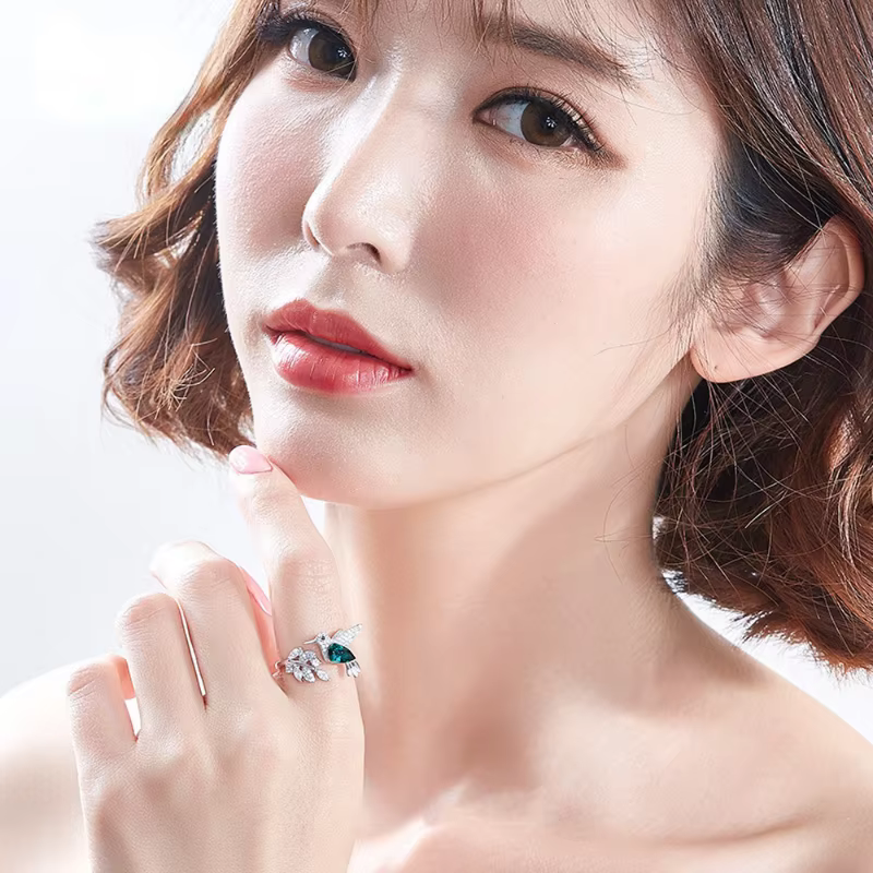 Elegant Natural Blue Stone Adjustable Hummingbird Glass Filled Engagement Wedding Rings