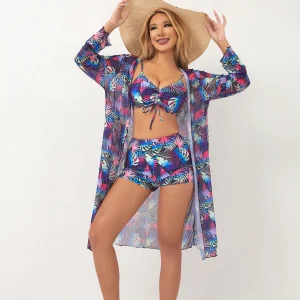 Elegant New Digital Printed Bikini Trunks Long Sleeved Veil Three Piece Set