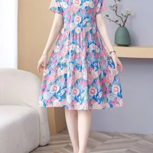Elegant O-Neck A Line Cotton Beach Flower Floral Boho Dresses