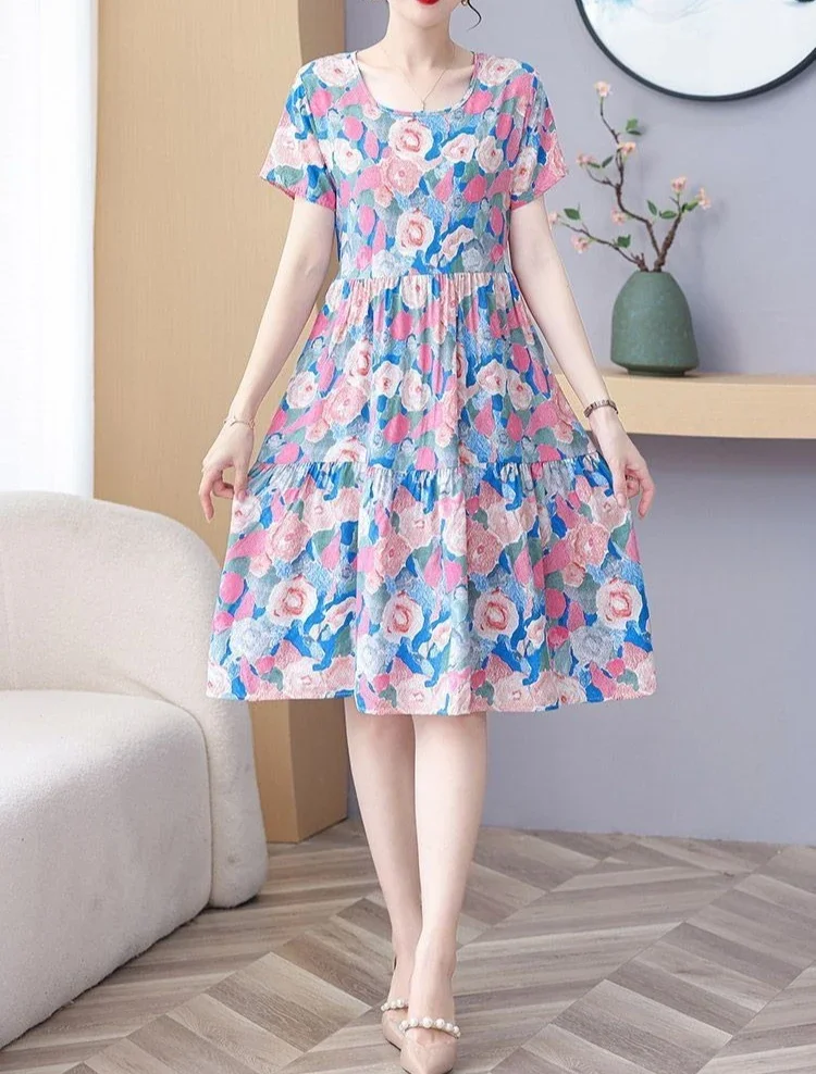 Elegant O-Neck A Line Cotton Beach Flower Floral Boho Dresses