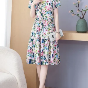 Elegant O-Neck Cotton Beach Flower Floral A Line Dresses
