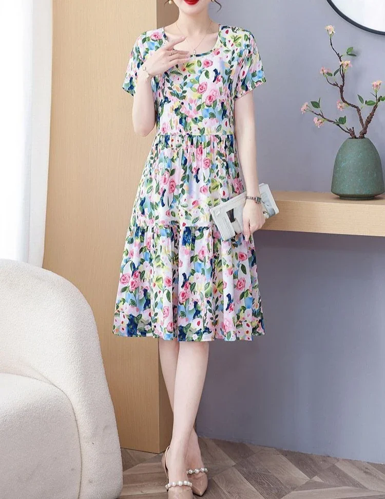 Elegant O-Neck Cotton Beach Flower Floral A Line Dresses