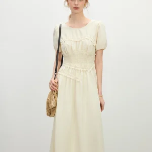 Elegant O-Neck Short Sleeve Hepburn Style Holiday Midi Dress