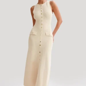 Elegant O Neck Sleeveless Single Breasted Fake Pockets Bodycon Knitted Long Dresses