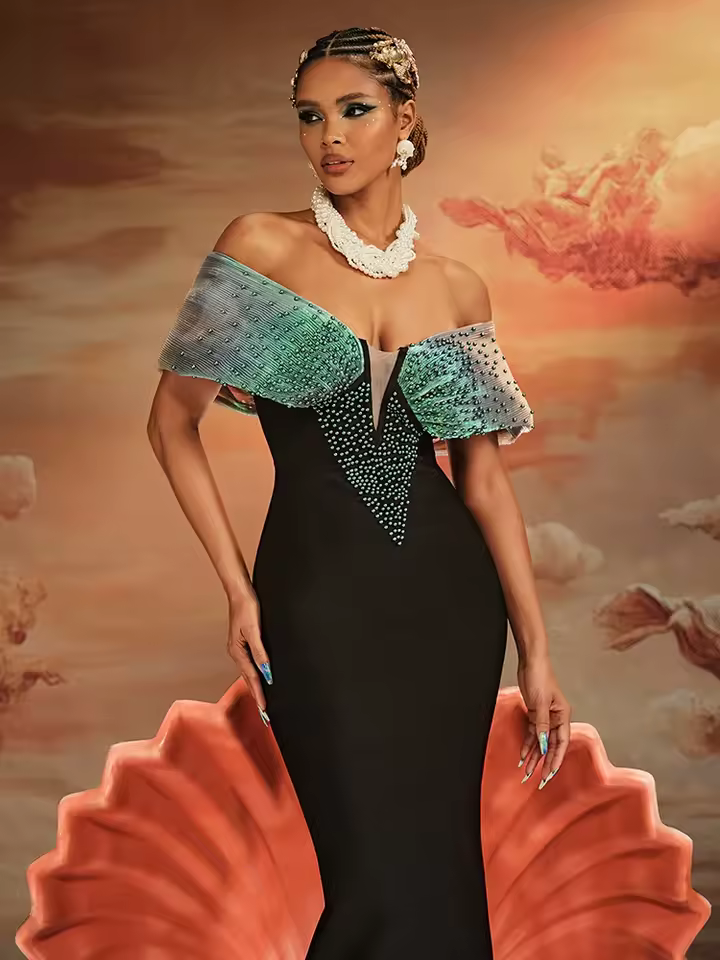 Elegant Off-Shoulder Mermaid with Pearl Embellishments Wedding Party Evening Gown - Image 4