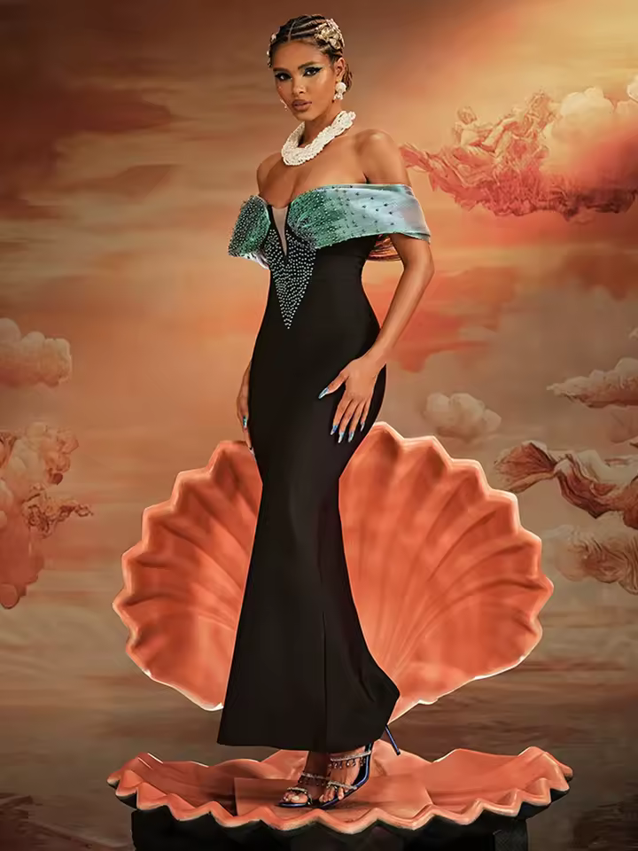 Elegant Off-Shoulder Mermaid with Pearl Embellishments Wedding Party Evening Gown - Image 2