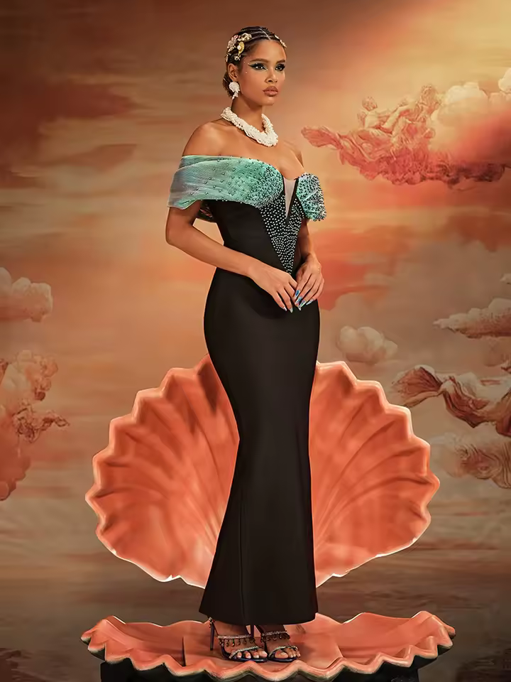 Elegant Off-Shoulder Mermaid with Pearl Embellishments Wedding Party Evening Gown