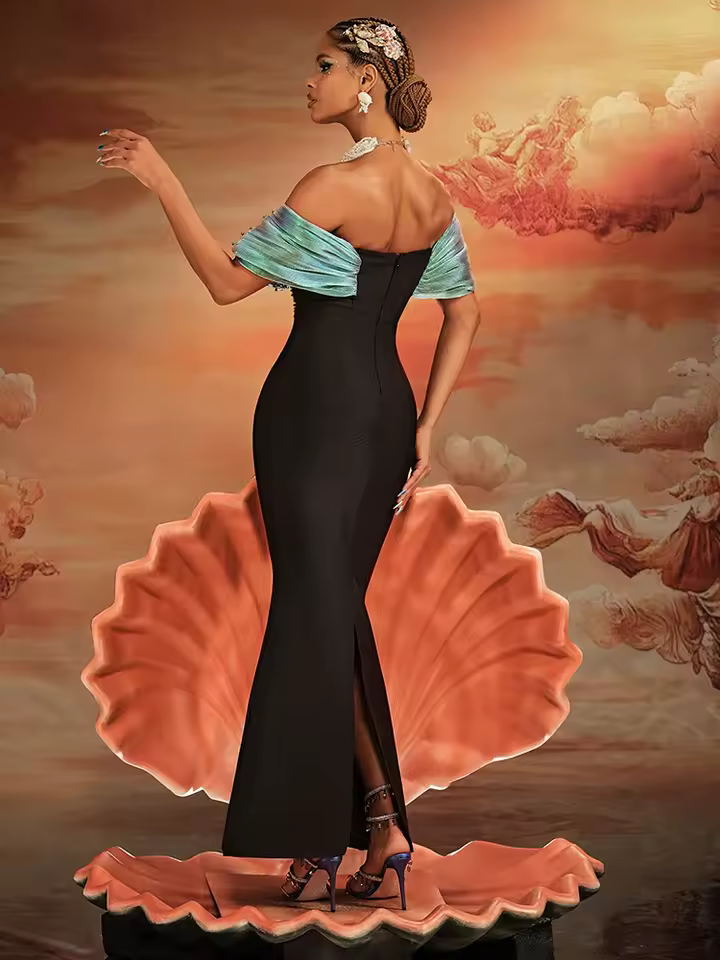 Elegant Off-Shoulder Mermaid with Pearl Embellishments Wedding Party Evening Gown - Image 3