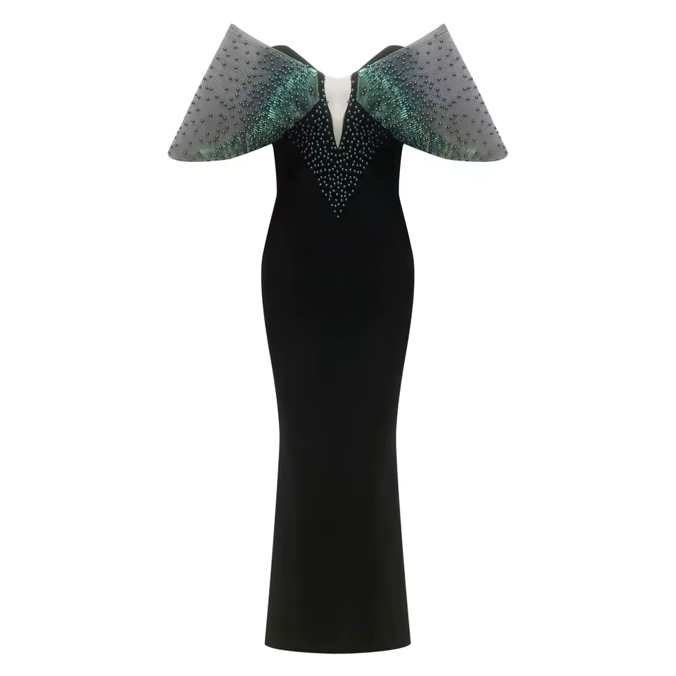 Elegant Off-Shoulder Mermaid with Pearl Embellishments Wedding Party Evening Gown - Image 6