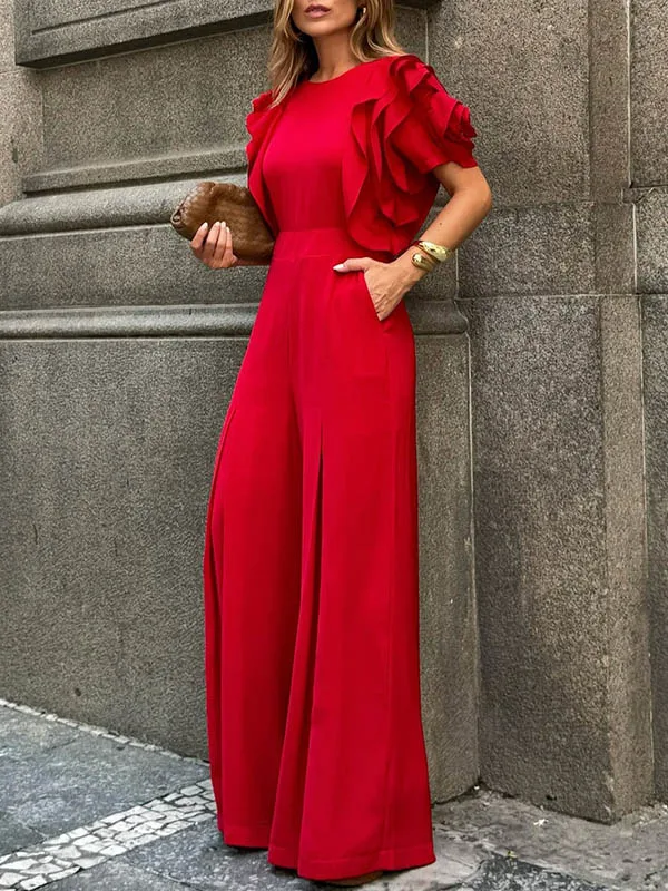Elegant Office Lady Short Sleeves Wide Leg Full Length Jumpsuit - Image 2