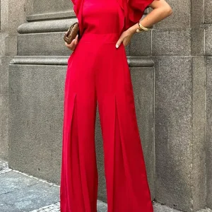 Elegant Office Lady Short Sleeves Wide Leg Full Length Jumpsuit