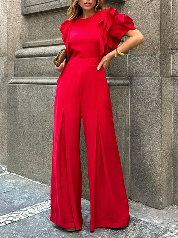Elegant Office Lady Short Sleeves Wide Leg Full Length Jumpsuit