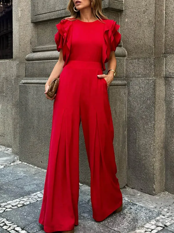 Elegant Office Lady Short Sleeves Wide Leg Full Length Jumpsuit - Image 3