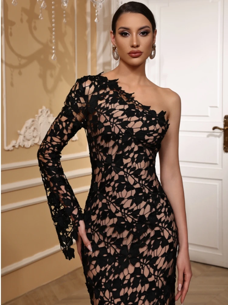 Elegant One Shoulder Long Sleeve Lace Knitted Evening Club Party Midi Bodycon Bandage Dress - Image 8