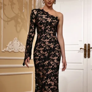 Elegant One Shoulder Long Sleeve Lace Knitted Evening Club Party Midi Bodycon Bandage Dress