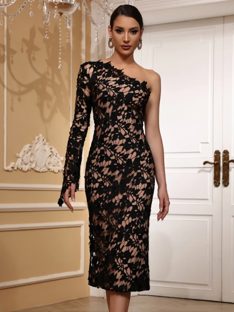 Elegant One Shoulder Long Sleeve Lace Knitted Evening Club Party Midi Bodycon Bandage Dress