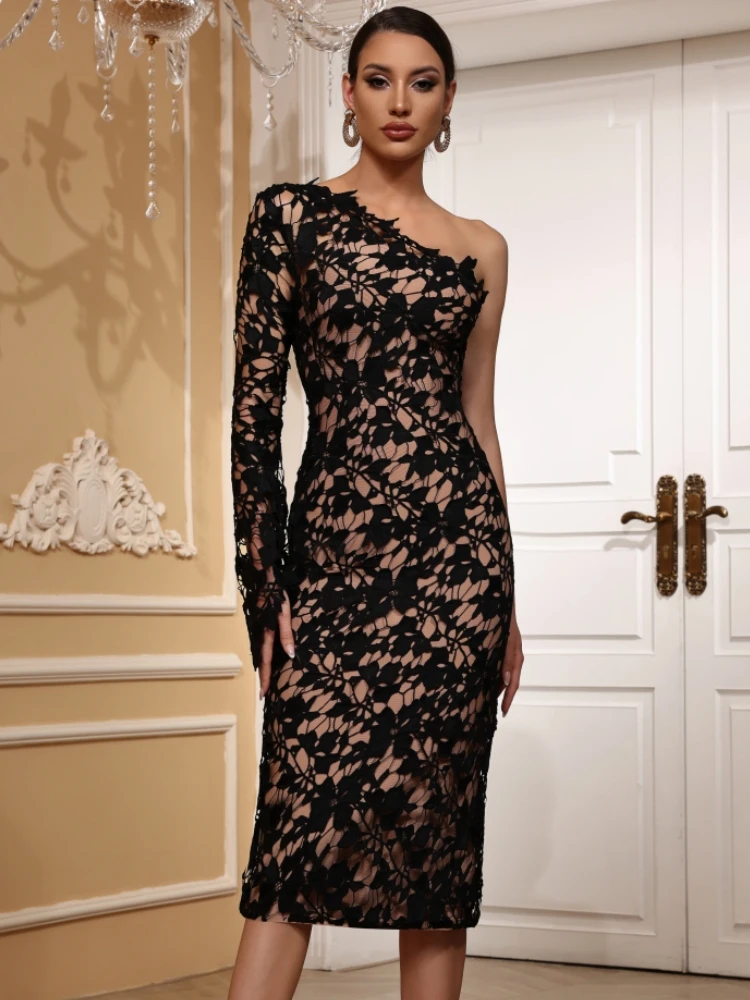 Elegant One Shoulder Long Sleeve Lace Knitted Evening Club Party Midi Bodycon Bandage Dress - Image 4