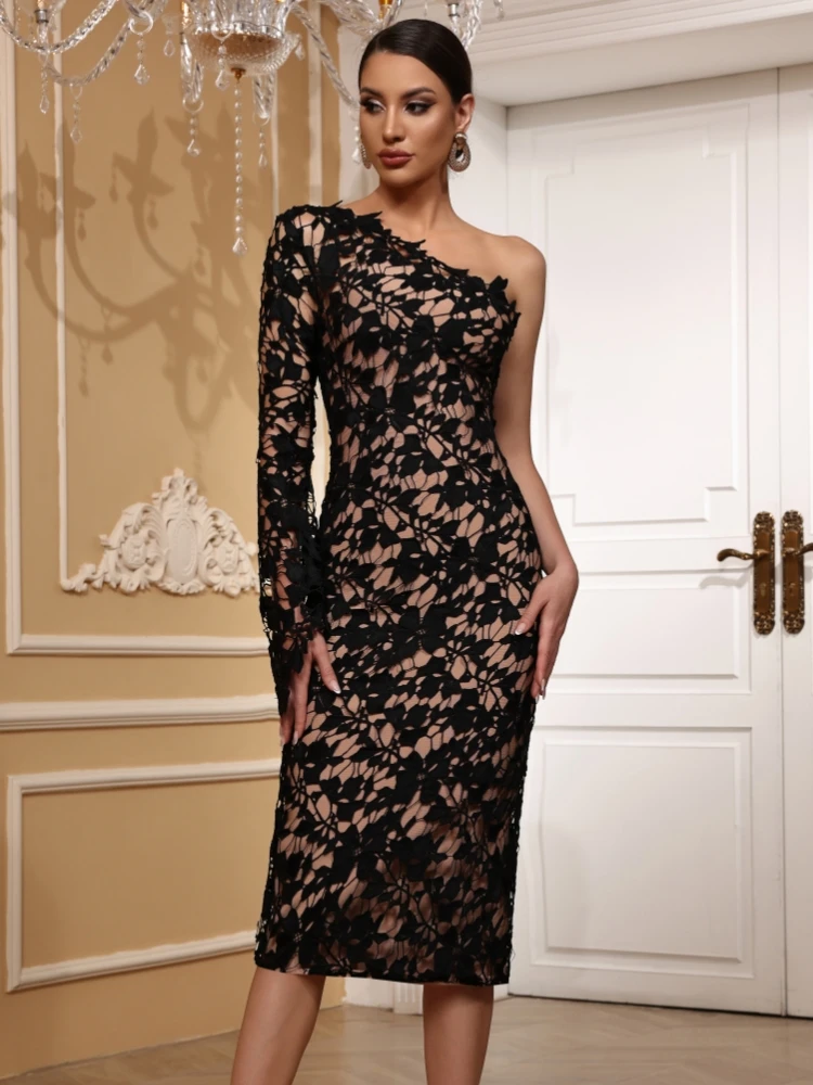 Elegant One Shoulder Long Sleeve Lace Knitted Evening Club Party Midi Bodycon Bandage Dress - Image 6