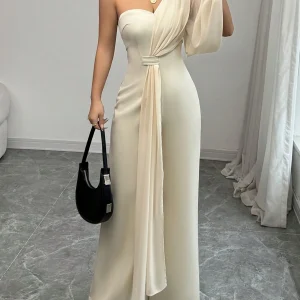 Elegant One Shoulder Single Long Sleeved Chiffon Half Strapless Jumpsuit
