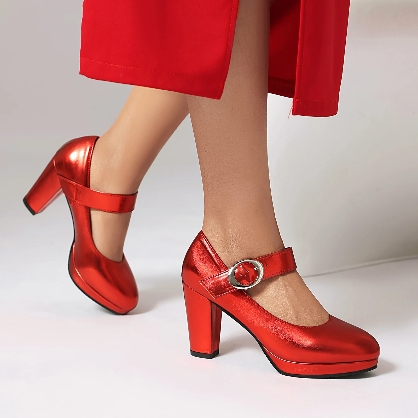 Elegant Patent Leather Platform Buckle Strap Wedding Party High Heel Pumps - Image 4