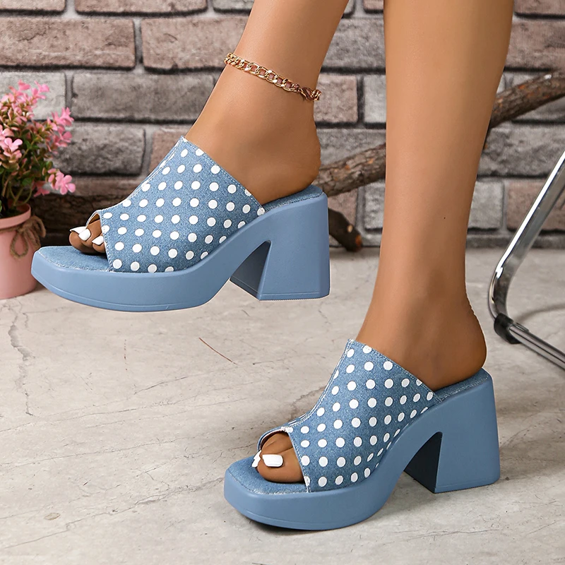 Elegant Polka Dot Denim Buckle Platform High Heel Sandals - Image 4