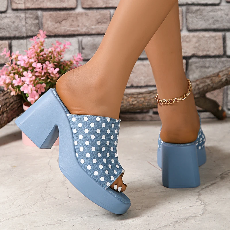 Elegant Polka Dot Denim Buckle Platform High Heel Sandals - Image 6