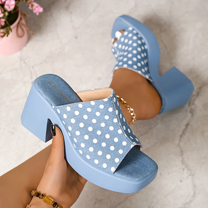 Elegant Polka Dot Denim Buckle Platform High Heel Sandals - Image 7