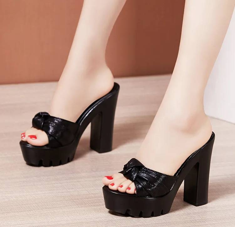 Elegant Platform Slides Open Head Bow Evening Party High Heels Sandal - Image 9
