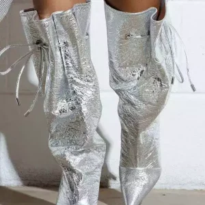 Elegant Pointed Toe Lace Up Wide Calf Stiletto High Heel Boots